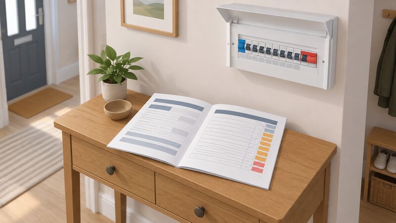 A printed Electrical Installation Condition Report lying open on a hall table near a consumer unit, its summary of observations page facing up with the observation codes column shown as plain blank blocks and lines.