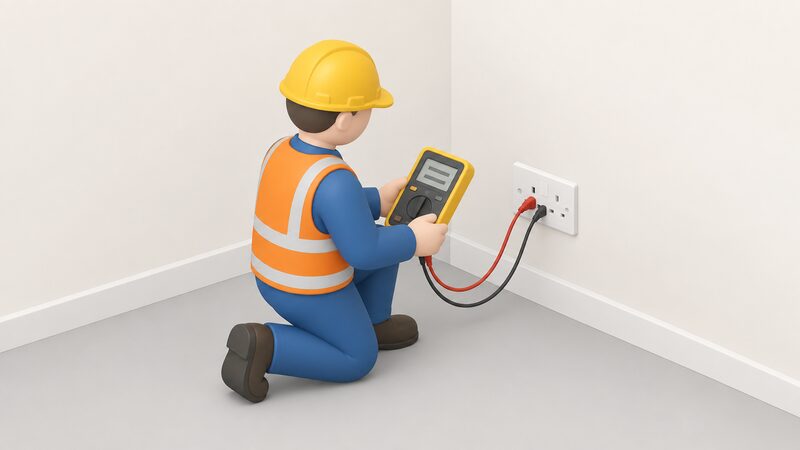A small isometric electrician kneels beside a wall socket outlet in a plain room, holding a multifunction tester with test leads plugged into the socket, the instrument's screen showing plain blank bars with no readable figures.