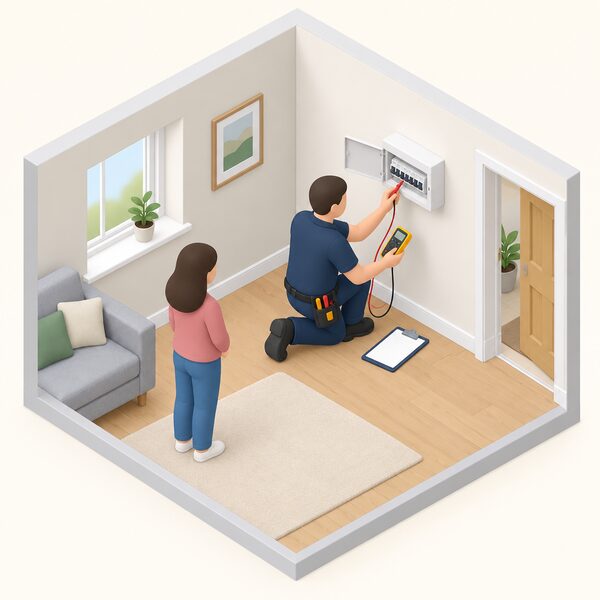 A qualified electrician in plain work clothing kneels at a consumer unit in a rented home, testing the wiring with a lead and probe instrument while a clipboard rests nearby, with a simplified isometric figure of the landlord's tenant watching from the room.