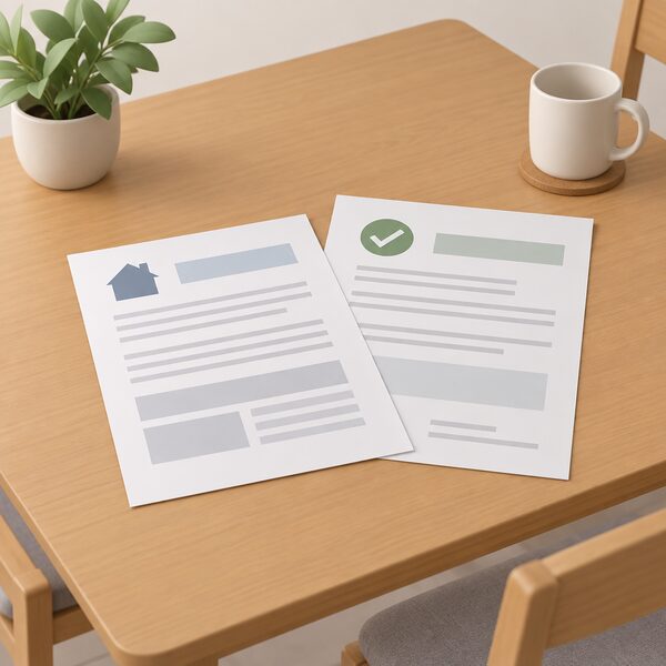 Two paper documents lying together on a household table, the original inspection report and the separate written confirmation of remedial work, shown as physical sheets with blank lines and plain blocks so no content is readable.