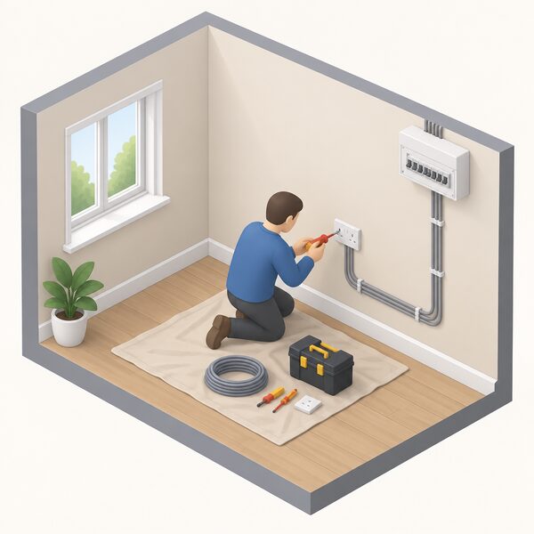 An electrician in plain clothing kneels in a dwelling room installing new electrical wiring and a socket outlet on a bare wall, with a consumer unit visible nearby, showing new electrical work being designed and installed to Part P standards.