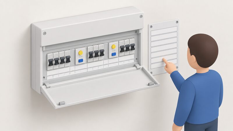 An open domestic consumer unit mounted on a wall with its front cover down, showing rows of circuit breakers and RCD devices, with a circuit identification chart of blank label strips beside it and a simplified figure checking the labels.