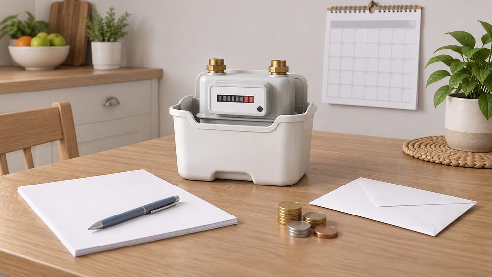 A small model of a domestic gas meter in its white semi-buried-style box sits on a kitchen table beside blank application paperwork, a plain envelope, a small stack of coins and a wall calendar, suggesting the process of arranging a professional meter move.