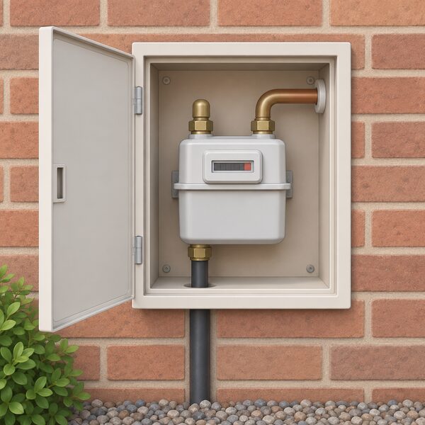 A domestic gas meter installed in its existing position inside a recessed external wall meter box, with the network service pipe entering from below and the outlet pipe running into the house, no person present.