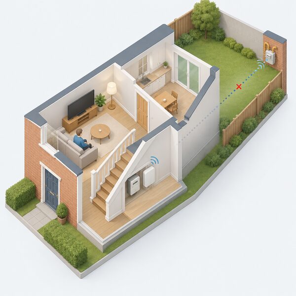 A cutaway home view showing a smart gas meter on an outside wall at the far end of the property, with a dotted radio link fading out before it reaches the communications hub sitting beside the electricity meter under the stairs.