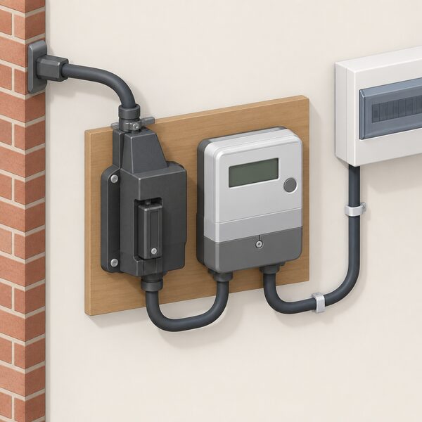 An isometric view of the point where the electricity supply enters a property, showing the service head with the main fuse and cut-out beside the electricity meter on the wall, with the incoming supply cable and the outgoing cable to the consumer unit clearly connected.