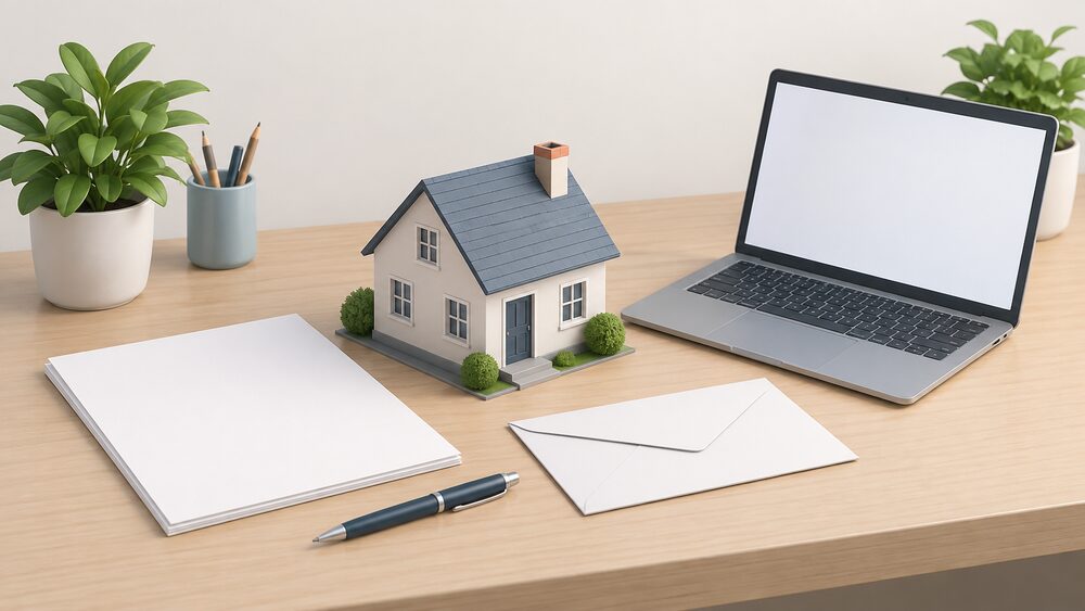 A small model of a house sits on a table beside blank paperwork, a closed envelope, a pen and an open laptop with a blank screen, arranged as a householder preparing to dispute a lodged certificate record.