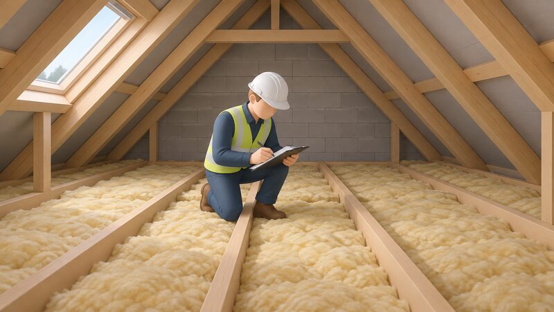 A domestic energy assessor standing in a loft, inspecting the insulation layer between the joists and recording observations on a clipboard during the physical site visit.