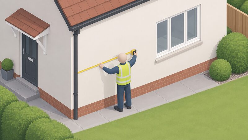 A domestic energy assessor standing at the external wall of a house, holding a tape measure stretched along the wall surface while making a fresh survey visit for a new certificate.
