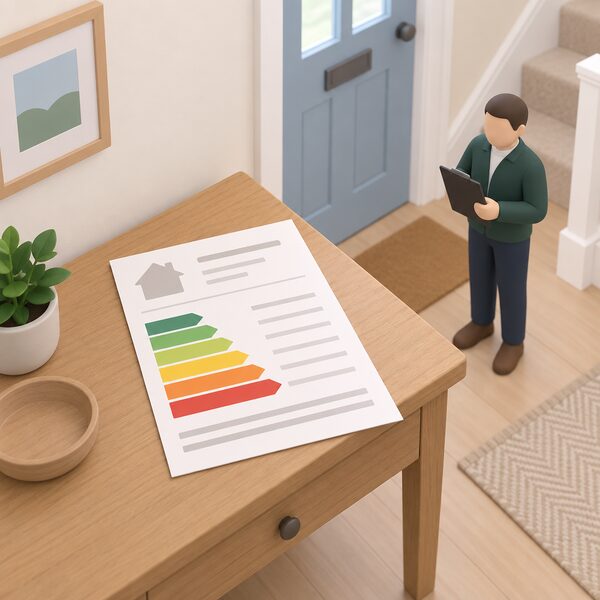 A domestic energy performance certificate as a physical printed sheet lying on a table in a home hallway, shown slightly angled with its rating bands as plain colour blocks and its data fields as blank lines, with a simplified isometric figure of an accredited energy assessor standing nearby holding a clipboard.