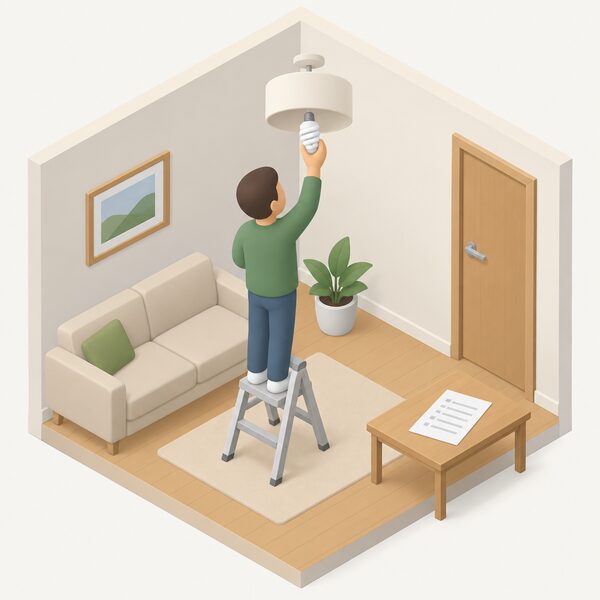 A simplified isometric homeowner fitting a low energy bulb into a ceiling light fitting in an ordinary room, with the EPC report sheet lying on a nearby table showing plain blank measure lines, illustrating one of the cost effective measures listed for improving the energy rating.