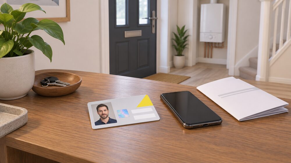 A close-up tabletop scene at a home doorway: a Gas Safe ID card lying face-up showing a photo, hologram and blank date fields, beside a mobile phone and a folded blank quote paperwork, with a domestic gas boiler faintly visible in the background of the hall.