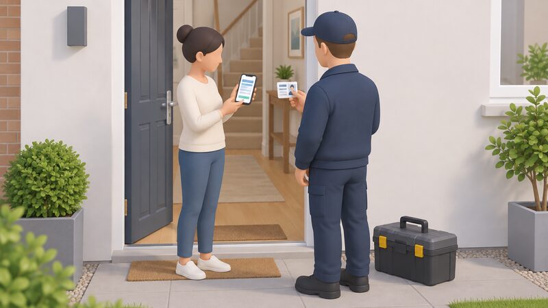 At a home's doorway before a boiler service begins, a householder holds the engineer's registration card in one hand and a smartphone in the other, comparing the card against the online register shown on the screen, with the engineer's toolbox waiting beside them.