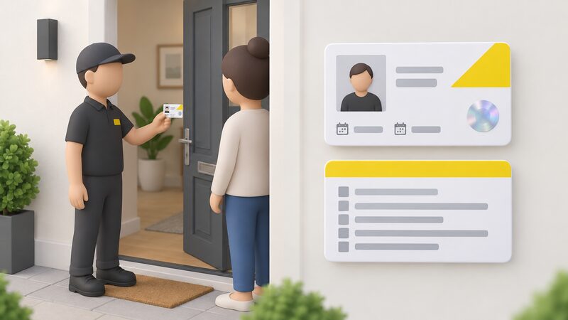 A Gas Safe ID card shown front and back side by side, held at a front door by a simplified engineer figure, with the front showing a photograph, licence number, start and expiry dates and a security hologram, and the back showing a list of qualifications as blank lines.