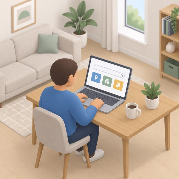 A simplified isometric figure sits at a table in a home living room using a laptop, its screen showing a plain search page with a blank search box and three plain option blocks representing a postcode, business name or licence number search.