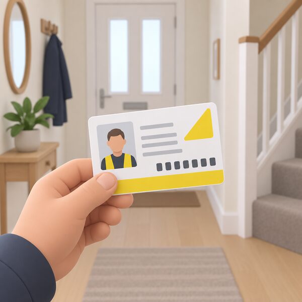A close-up of a hand holding a Gas Safe ID card in a home hallway, the card shown as a physical object with a plain colour band and blank lines standing in for the photo and details, and a block of seven simple digit shapes for the licence number.