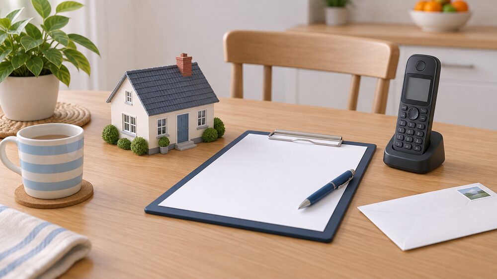 A small model house sits on a kitchen table beside a cordless telephone handset, a blank application form on a clipboard with a pen resting on it, and a stamped envelope, suggesting a household about to phone an advice service to check what grants they qualify for.