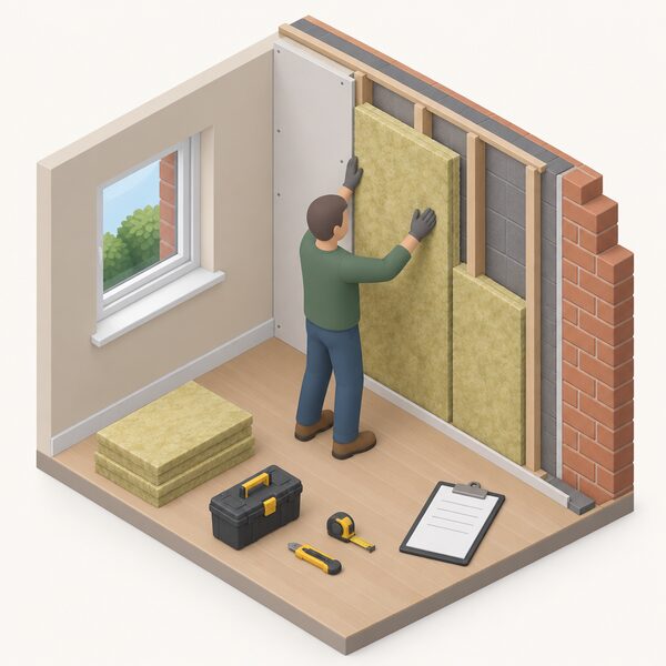 An installer in plain clothing fitting insulation to the inside of an external wall of a home, with a simplified isometric cutaway showing the wall layers, while a small supplier-funded works notice on a clipboard rests nearby, all shown as a single domestic retrofit scene.