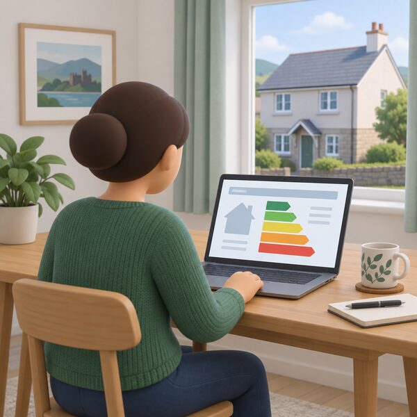 A householder sitting at a table in their Welsh home looking at an EPC certificate for the property shown on a laptop screen, with a colour-banded rating chart on the screen and the house visible through a window behind them.
