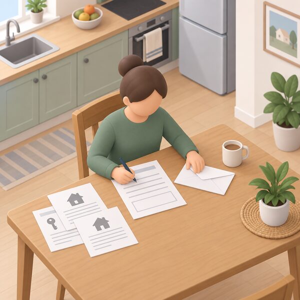 A householder at a kitchen table completing a paper Affordable Warmth application form, with supporting documents proving ownership or tenancy and main residence laid beside it, then sealing the envelope addressed to their local Grant Office.