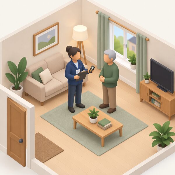 A qualified Home Energy Advisor on a free home visit inside a UK living room, standing with a clipboard and a small survey device while talking with the householder, following the earlier eligibility check under the Local Energy Advice Programme.