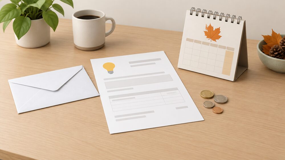A small tabletop arrangement of a blank electricity bill on paper, a plain envelope, a few coins and a desk calendar turned to an autumn month, suggesting the moment a household checks whether an annual credit has arrived on its electricity account.