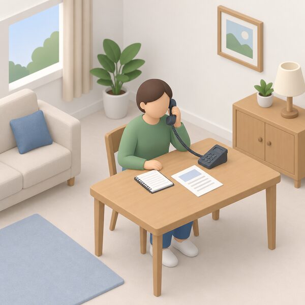 A simplified isometric householder sits at a table in a plain living room holding a telephone to their ear, applying to their energy supplier for the broader group discount, with a notepad and a supplier letter lying on the table beside them.