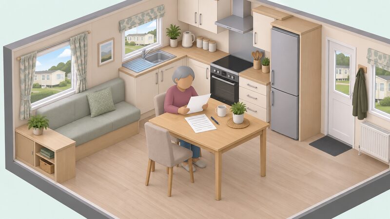 A simplified isometric figure of a park home resident seated at a kitchen table inside a park home, reading a paper application letter, with a pen and blank-line form beside it.