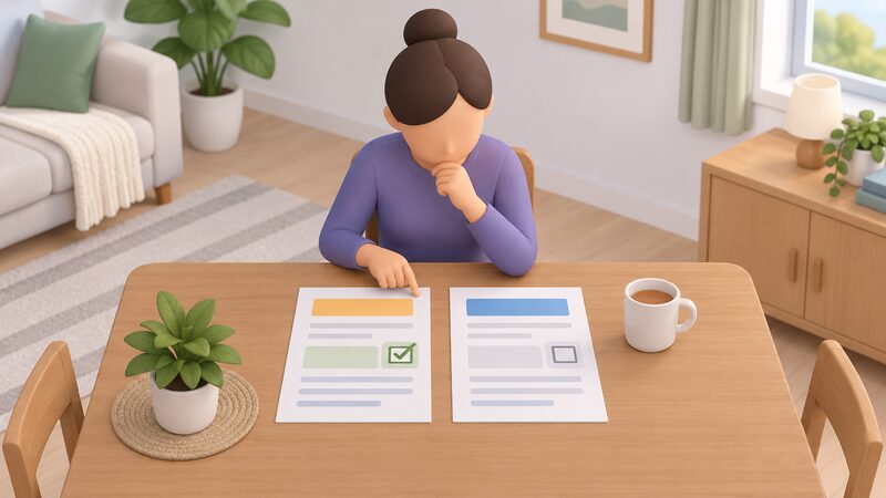 A householder at a table at home comparing two supplier information sheets side by side, one showing a plain tick block and one a blank block, before deciding to switch electricity supplier.
