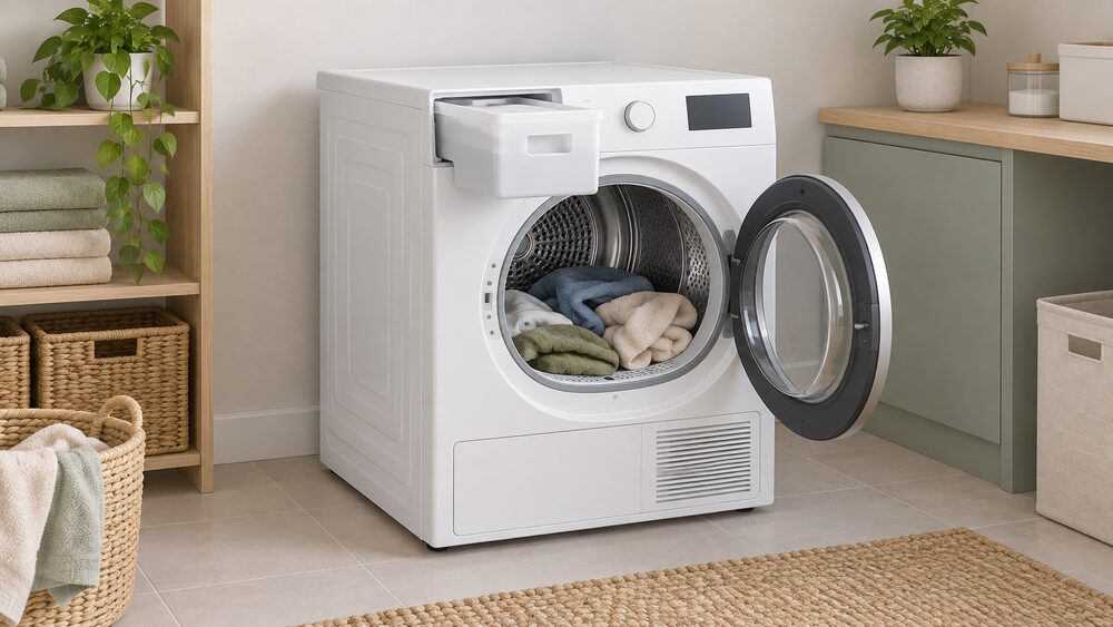 A heat pump tumble dryer standing in a utility room, shown close up with its front-loading door open and laundry inside, its removable water tank pulled out beside it, with no external vent hose or duct anywhere on the machine.