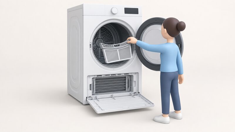 A condenser tumble dryer with its door aperture lint filter being lifted out by a simplified figure's hand while the condenser cover behind it sits open, showing the two cleaning points on one machine.