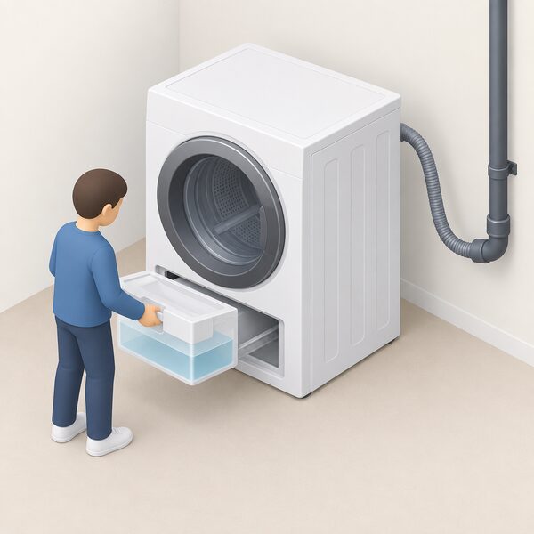 A condenser dryer standing in a home with its front drawer pulled open to reveal the removable water tank partly filled with collected water, while a small isometric figure holds the tank, with an alternative drain hose running from the machine's rear to a waste pipe.