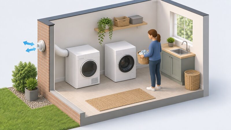 A utility room cutaway showing a vented tumble dryer ducted through a permanent duct in the external wall, with a heat pump dryer standing free nearby with clear airflow space around it.