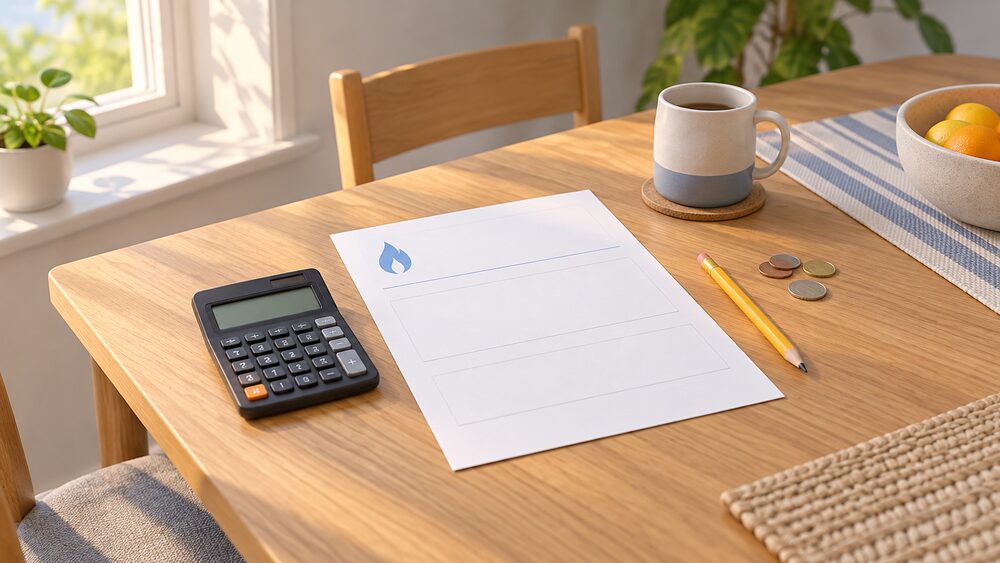 A kitchen table with a blank gas bill lying flat, a pocket calculator beside it, a pencil and a few loose coins, all lit by daylight from a nearby window.