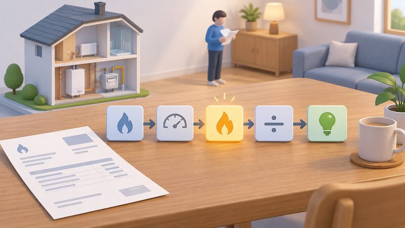 A printed gas bill lying on a household table beside a simple flow diagram of linked boxes showing cubic metres multiplied by a correction factor and a calorific value box, then divided by 3.6, leading to a kilowatt hours result box, with the calorific value box highlighted as the changing figure.