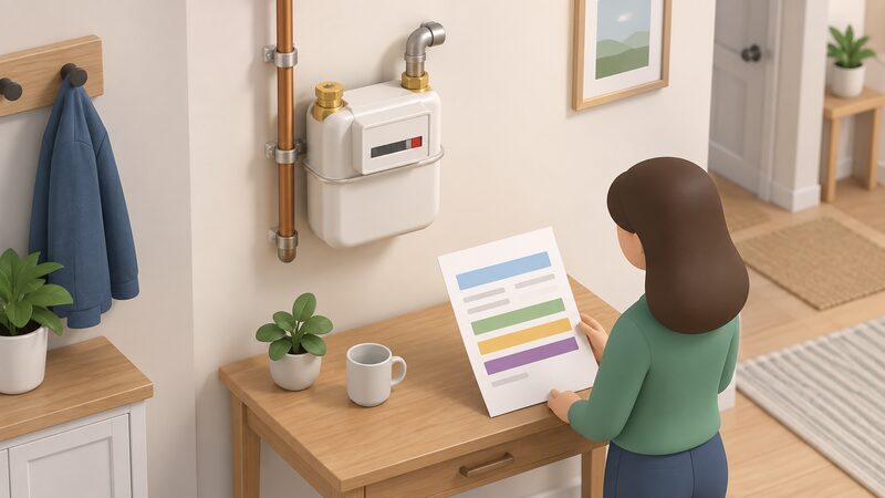 A domestic gas meter on an interior wall beside a printed gas bill laid on a small table, the bill shown as a physical sheet with plain blank lines and colour bands standing in for the volume, correction factor, calorific value and resulting kilowatt hours.