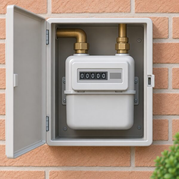 A close view of a digital metric domestic gas meter with five number digits and a cubic-metre marking on its display, mounted in its meter box on the outside wall of a house.