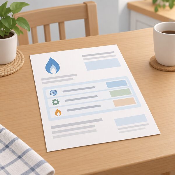 A household gas bill laid flat on a table, its page showing the meter volume, the volume correction factor and the calorific value as three separate entries grouped together, each rendered only as blank lines and plain colour blocks so no real figures are readable.