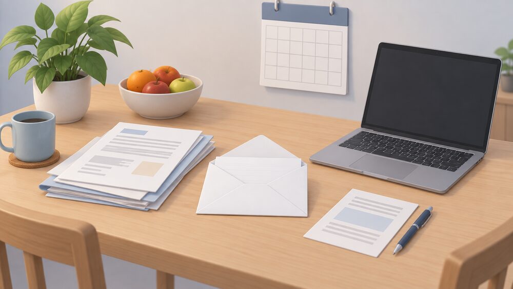 A sealed white envelope lying open on a kitchen table beside a small stack of household paperwork, a wall calendar showing blank date squares, and a laptop with a blank screen, arranged as the moment a household decides to escalate an unresolved complaint.