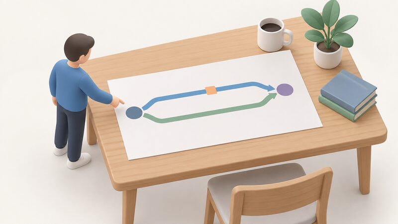 A printed timeline sheet lying on a household table, drawn as a physical object with a plain horizontal track from the complaint date to an escalation point, a marked point partway along labelled only with a plain colour band for the eight-week mark, and a second parallel track branching from the same start to the same point representing the deadlock letter route, with a small isometric figure standing beside the table pointing at the two converging routes.