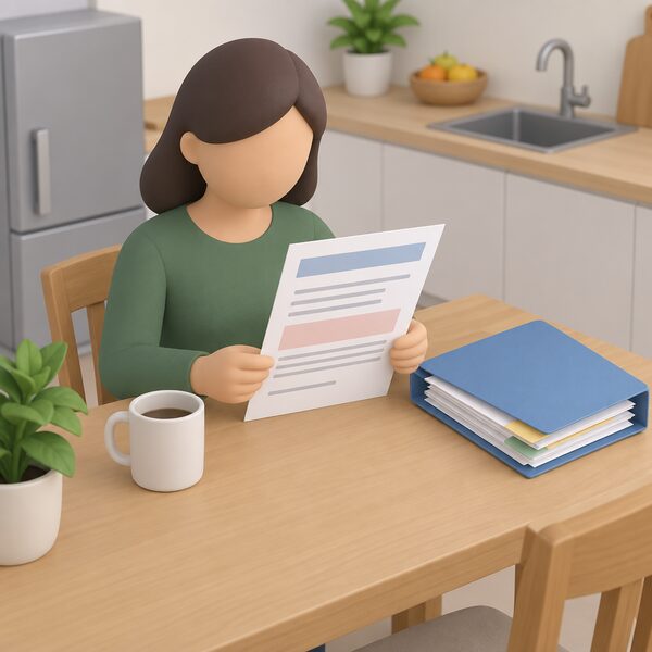 A printed deadlock letter lying on a kitchen table in a home, held by a simplified figure, with its content shown only as blank lines and plain colour bands, a folder of kept complaint papers beside it.