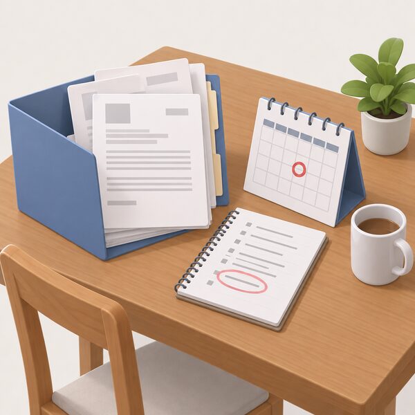 A kitchen table scene showing a household's complaint records: a folder of printed letters, a notebook page with reference numbers and a circled date, and a calendar, arranged as evidence supporting the 8-week point.