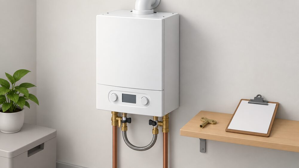 A wall-mounted combi boiler with its casing firmly closed and screwed down, its filling loop braided hose visible beneath, a radiator bleed key resting on the shelf beside it, and a clipboard of blank paperwork nearby.