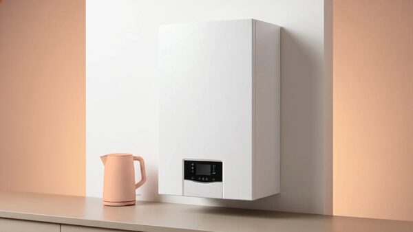 A white wall-mounted combi boiler on a kitchen wall next to a pink electric kettle on the worktop