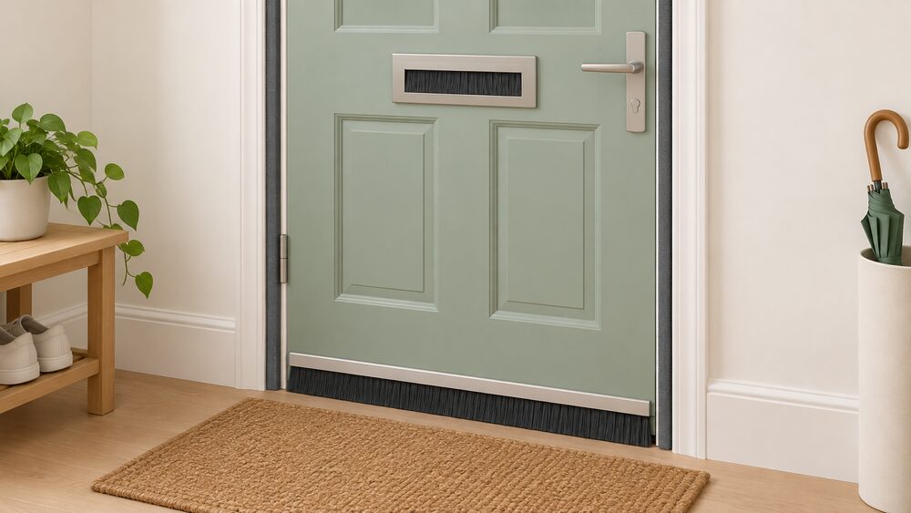 A close-up of a rented home's front door seen from inside, with a brush strip fixed to the bottom of the door, a brush fitted inside the letterbox plate, and foam draught strip pressed around the door frame, all reversible additions with no drilling into the wall.