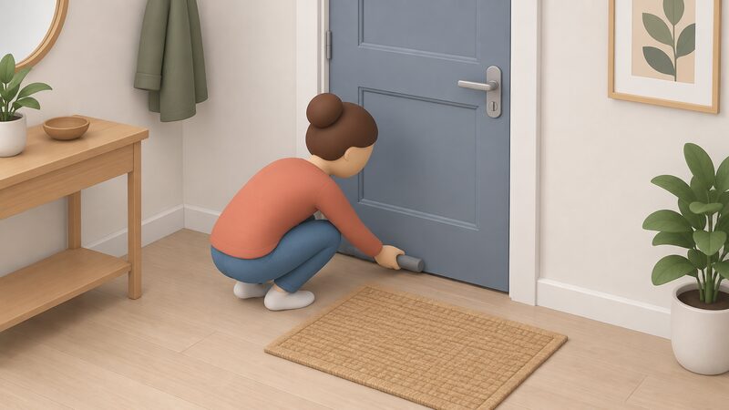 Inside a rented home's hallway, a simplified figure crouches at the closed front door, holding a short length of foam draught strip against the gap at the bottom of the door where cold air enters.
