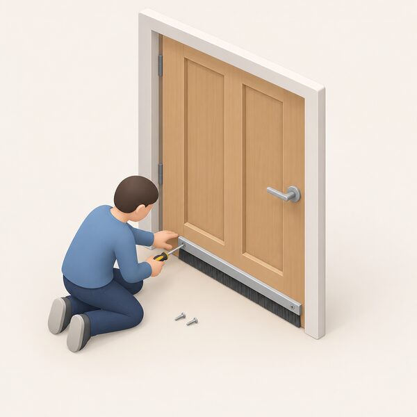 A small isometric figure kneeling at the foot of an internal door, screwing a brush strip to the inside face of the door with two short screws, a screwdriver in hand and the strip already sitting flush along the bottom edge.