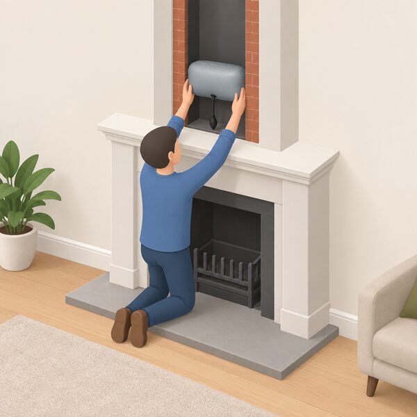 A simplified isometric figure kneels at an open fireplace hearth, reaching up into the chimney breast to press an inflatable pillow up into the unused flue, with the fireplace surround and hearth shown in a plain living room wall.