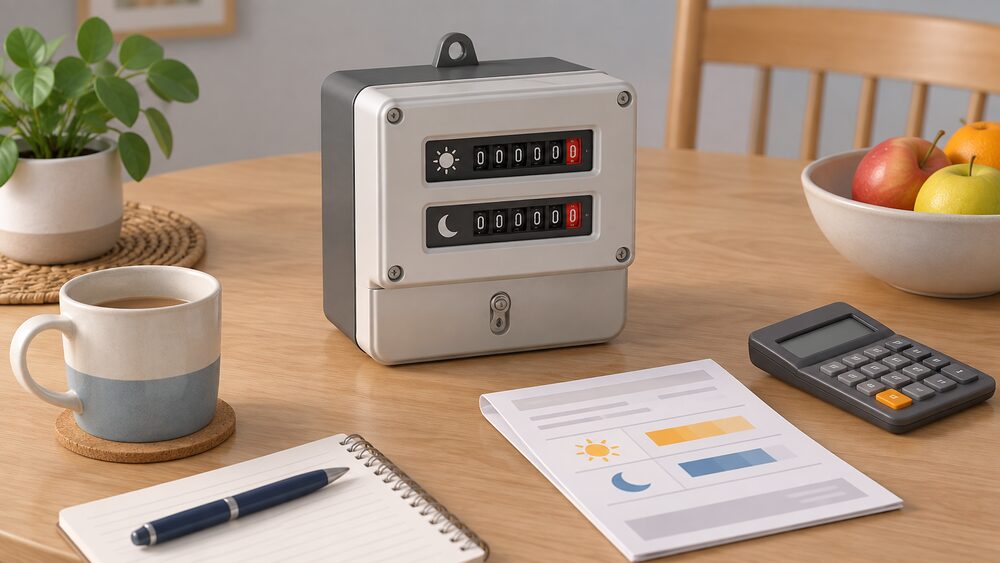 A multi-rate electricity meter with two separate registers sits on a kitchen table beside a folded bill, a calculator and a mug, showing the moment a household works out its own day and night electricity split before choosing a tariff.