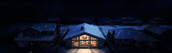 A snow-covered suburban house at night with warm lights glowing inside, surrounded by dark neighbouring homes